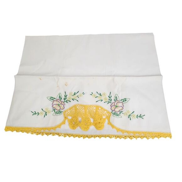 Vtg 8 Pc Bedroom Linen Set Yellow Crochet Embroidered Flowers Southern Victorian - Picture 6 of 8